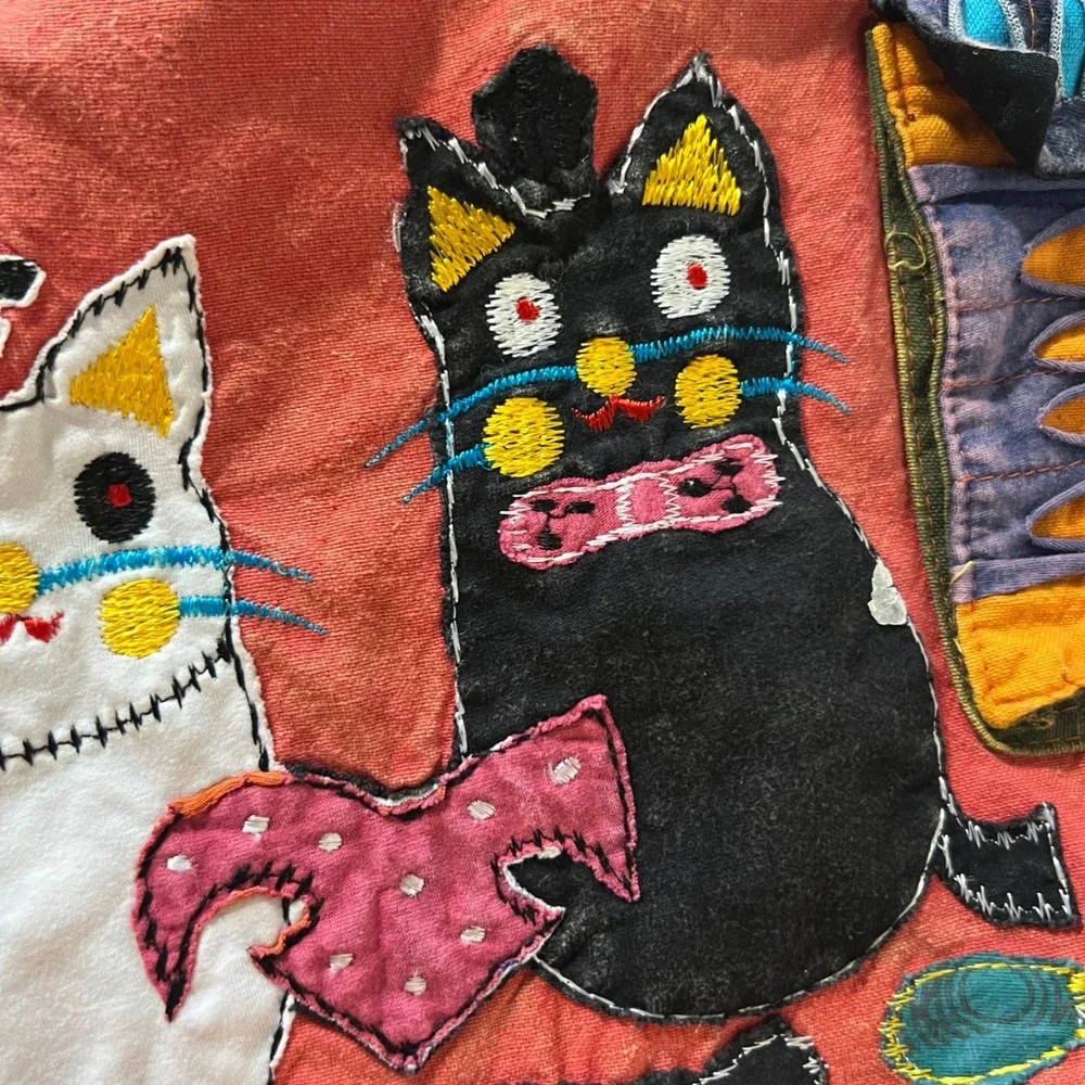 Cotton Made in Nepal Boho Distressed Cat Purse Bag Embroidered Applique‎ Details